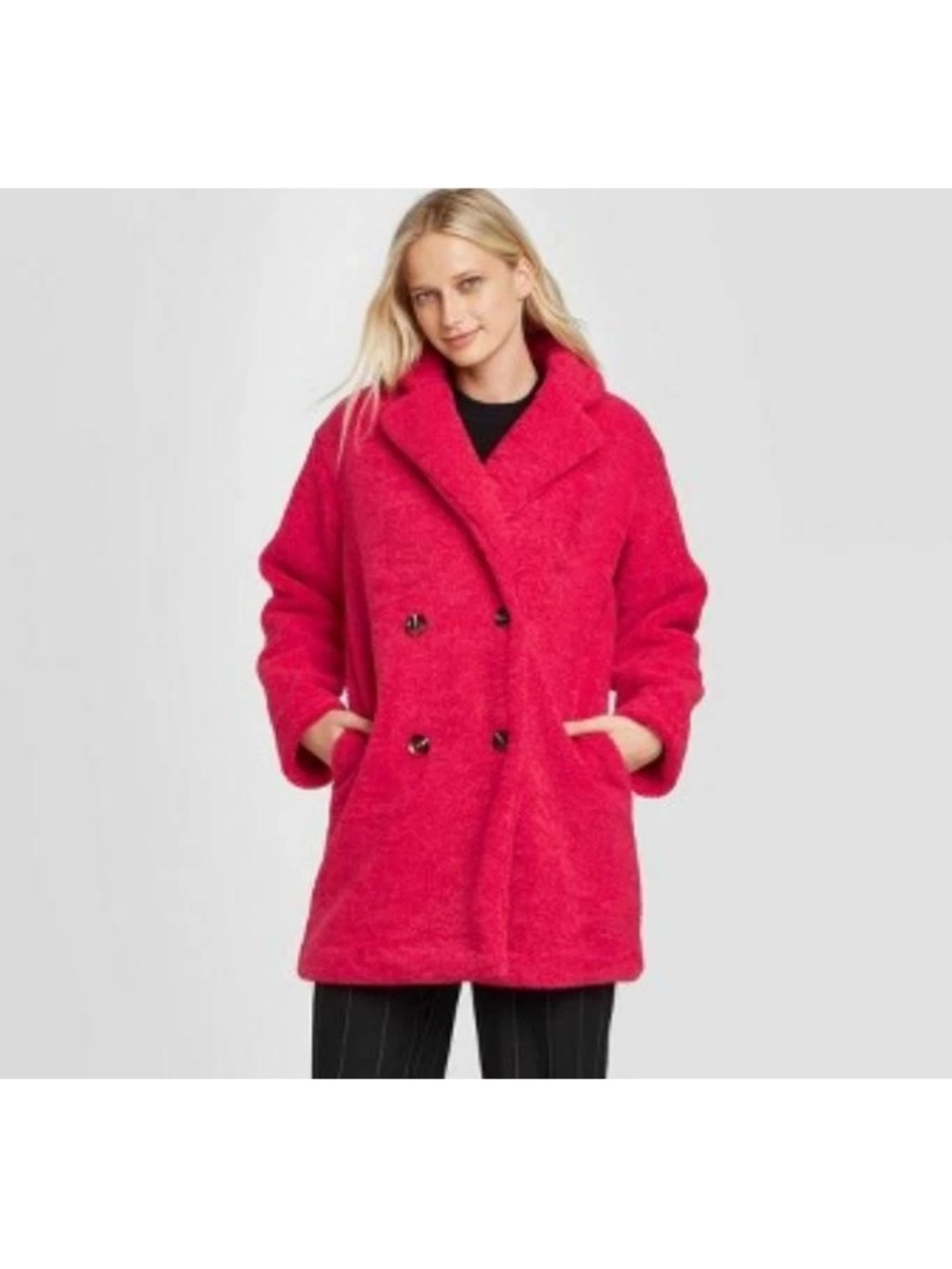 Who What Wear Raspberry Hot Pink Double-Breasted Faux Fur Teddy Coat Size Meduim